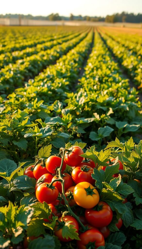 An open field of lush, open-pollinated vegetables in the warm, golden light of a late afternoon. In the foreground, ripe tomatoes, peppers, and squash burst with vibrant colors and textures. In the middle ground, leafy greens and herbs sway gently in a light breeze. Towards the background, rows of robust, healthy plants in various stages of growth, showcasing the diversity of an open-pollinated garden. The scene is captured with a medium-wide lens, giving a sense of depth and perspective. The overall atmosphere is one of abundance, natural harmony, and the joy of homegrown, heirloom varieties. An open field of lush, open-pollinated vegetables in the warm, golden light of a late afternoon. In the foreground, ripe tomatoes, peppers, and squash burst with vibrant colors and textures. In the middle ground, leafy greens and herbs sway gently in a light breeze. Towards the background, rows of robust, healthy plants in various stages of growth, showcasing the diversity of an open-pollinated garden. The scene is captured with a medium-wide lens, giving a sense of depth and perspective. The overall atmosphere is one of abundance, natural harmony, and the joy of homegrown, heirloom varieties.