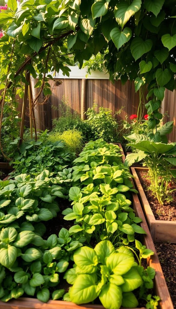 An organized, compact vegetable garden with lush, vibrant plants. Raised garden beds filled with a variety of leafy greens, crisp vegetables, and a few trailing vines. Warm, natural light filtering through a canopy of overhanging leaves, casting gentle shadows. The scene has a sense of peaceful productivity, with a touch of rustic charm. The camera angle is slightly elevated, allowing the viewer to appreciate the harmonious layout and thriving ecosystem. An inviting, low-maintenance oasis perfect for effortless summer bounty.