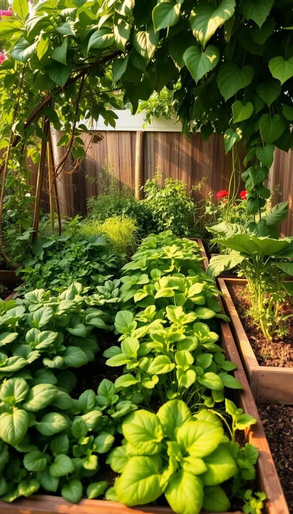 An organized, compact vegetable garden with lush, vibrant plants. Raised garden beds filled with a variety of leafy greens, crisp vegetables, and a few trailing vines. Warm, natural light filtering through a canopy of overhanging leaves, casting gentle shadows. The scene has a sense of peaceful productivity, with a touch of rustic charm. The camera angle is slightly elevated, allowing the viewer to appreciate the harmonious layout and thriving ecosystem. An inviting, low-maintenance oasis perfect for effortless summer bounty.