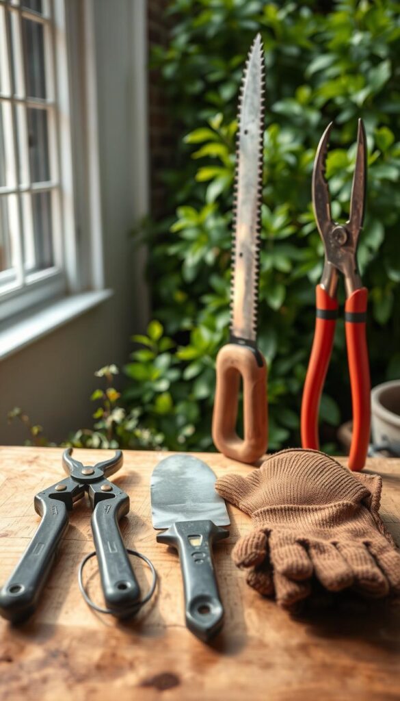 An organized display of gardening tools resting on a wooden workbench, illuminated by soft natural light filtering through a nearby window. The foreground features a pair of pruning shears, a trowel, and a pair of sturdy gloves, all neatly arranged. In the middle ground, a pruning saw and a pair of loppers stand upright, conveying a sense of preparedness. The background showcases a backdrop of lush foliage, hinting at the verdant garden awaiting attention. The overall scene exudes a mood of tranquility and focus, inviting the viewer to consider the importance of safety and proper tool selection when maintaining perennial plants in the autumn season. An organized display of gardening tools resting on a wooden workbench, illuminated by soft natural light filtering through a nearby window. The foreground features a pair of pruning shears, a trowel, and a pair of sturdy gloves, all neatly arranged. In the middle ground, a pruning saw and a pair of loppers stand upright, conveying a sense of preparedness. The background showcases a backdrop of lush foliage, hinting at the verdant garden awaiting attention. The overall scene exudes a mood of tranquility and focus, inviting the viewer to consider the importance of safety and proper tool selection when maintaining perennial plants in the autumn season.
