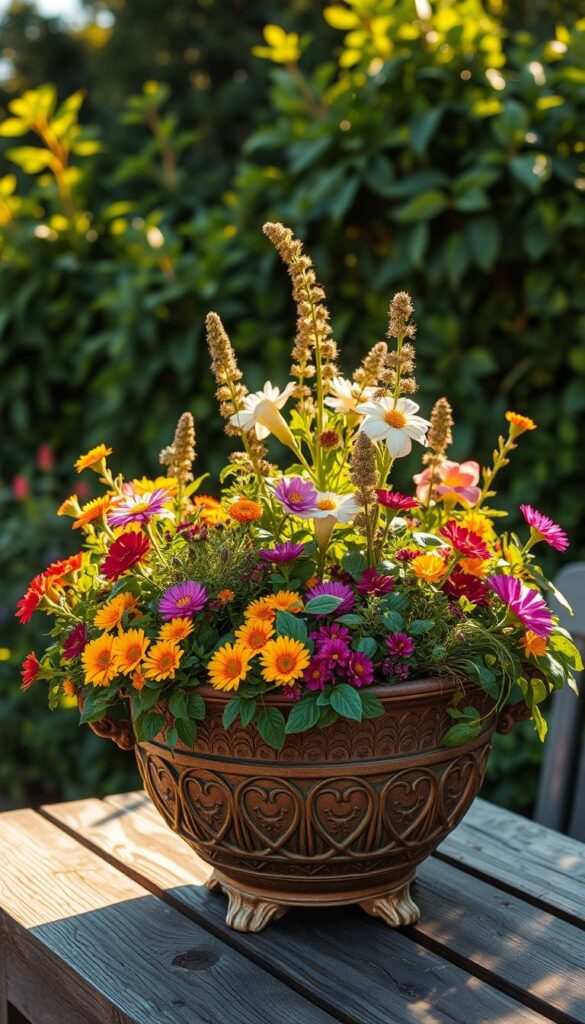 An ornate garden planter filled with an array of vibrant, blooming flowers bathed in warm, golden afternoon sunlight. The planter is situated on a rustic wooden table against a backdrop of lush, verdant foliage. Carefully arranged plants of varying heights, colors, and textures create a harmonious, eye-catching composition. The overall scene conveys a sense of tranquility and thoughtful planning, reflecting the care and attention given to curating the perfect container garden. A wide-angle lens captures the full scene, showcasing the interplay of light, shadow, and the delicate balance of the floral display. An ornate garden planter filled with an array of vibrant, blooming flowers bathed in warm, golden afternoon sunlight. The planter is situated on a rustic wooden table against a backdrop of lush, verdant foliage. Carefully arranged plants of varying heights, colors, and textures create a harmonious, eye-catching composition. The overall scene conveys a sense of tranquility and thoughtful planning, reflecting the care and attention given to curating the perfect container garden. A wide-angle lens captures the full scene, showcasing the interplay of light, shadow, and the delicate balance of the floral display.
