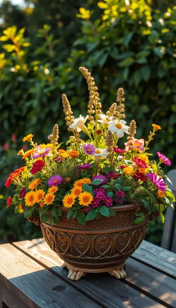 An ornate garden planter filled with an array of vibrant, blooming flowers bathed in warm, golden afternoon sunlight. The planter is situated on a rustic wooden table against a backdrop of lush, verdant foliage. Carefully arranged plants of varying heights, colors, and textures create a harmonious, eye-catching composition. The overall scene conveys a sense of tranquility and thoughtful planning, reflecting the care and attention given to curating the perfect container garden. A wide-angle lens captures the full scene, showcasing the interplay of light, shadow, and the delicate balance of the floral display.