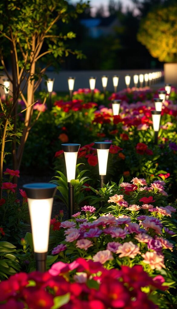 An outdoor garden illuminated by a smart, solar-powered LED lighting system. Sleek, modern fixtures lining the flower beds, casting a warm, ambient glow that highlights the vibrant colors of the blooms. The lights are strategically placed to create a captivating visual display, casting dramatic shadows and accenting the lush foliage. The scene exudes a serene, peaceful atmosphere, perfect for an evening stroll through the garden. The lighting is energy-efficient, low-maintenance, and blends seamlessly with the natural surroundings, making it an ideal choice for a flower garden. An outdoor garden illuminated by a smart, solar-powered LED lighting system. Sleek, modern fixtures lining the flower beds, casting a warm, ambient glow that highlights the vibrant colors of the blooms. The lights are strategically placed to create a captivating visual display, casting dramatic shadows and accenting the lush foliage. The scene exudes a serene, peaceful atmosphere, perfect for an evening stroll through the garden. The lighting is energy-efficient, low-maintenance, and blends seamlessly with the natural surroundings, making it an ideal choice for a flower garden.