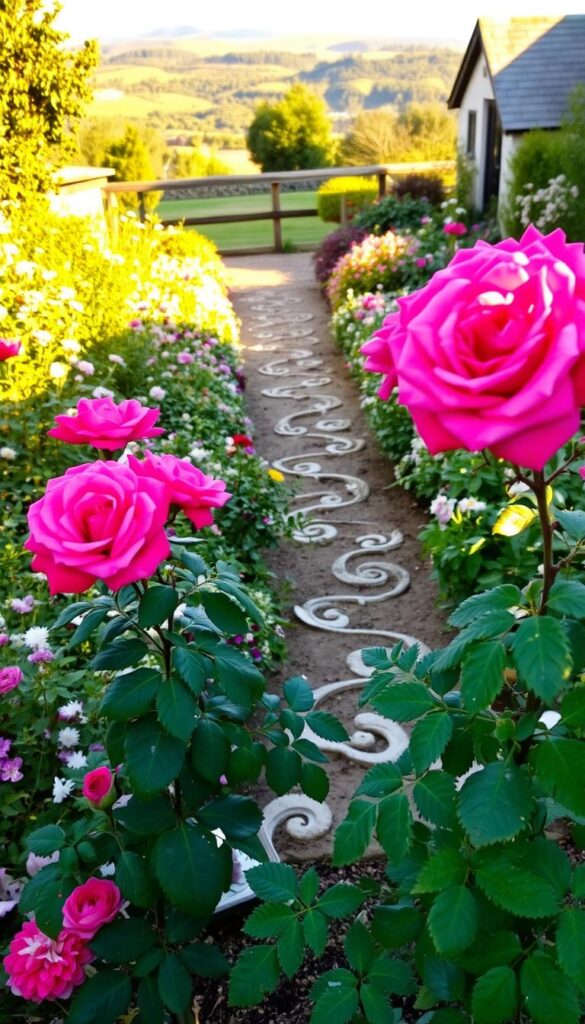 An outdoor garden setting with vibrant rose bushes in the foreground, surrounded by complementary flowering plants and greenery. The scene is bathed in warm, golden afternoon light, casting soft shadows and highlighting the rich colors and delicate textures of the blooms. In the middle ground, a decorative garden path meanders through the lush planting, inviting the viewer to explore the harmonious color and fragrance pairings. The background features a picturesque landscape, with rolling hills or a quaint country cottage visible in the distance. The overall mood is one of tranquility, beauty, and a celebration of nature's artistry in blending complementary hues and scents.