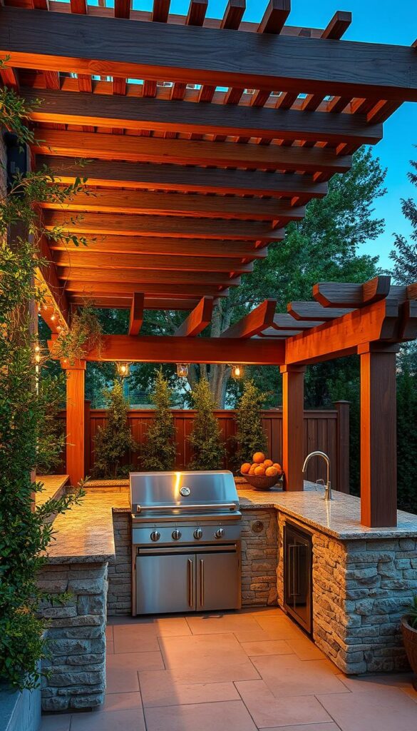 An outdoor kitchen nestled under a beautifully crafted pergola, surrounded by lush greenery and natural stone accents. The kitchen features a sleek stainless steel grill, a sprawling countertop perfect for meal preparation, and ample storage space. Warm, golden lighting emanates from the pergola's latticed beams, casting a cozy, inviting ambiance over the entire scene. The angle showcases the seamless integration of the kitchen with the pergola's architectural elements, creating a harmonious and visually striking backyard oasis. Crisp, high-resolution details capture the craftsmanship and attention to design that elevates this outdoor cooking space.