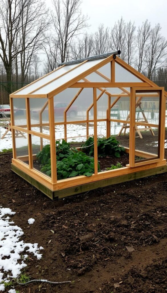 An overcast, winter day with a soft, diffused light illuminating a well-constructed cold frame made of wooden frames and transparent glass or plastic panels. The cold frame sits on a neatly tilled vegetable garden plot, its interior filled with leafy greens and other hardy winter crops. The structure casts subtle shadows on the soil, hinting at its protective abilities. The overall scene conveys a sense of quiet, serene productivity, with the cold frame serving as a hardworking, unassuming tool for the gardener to extend the growing season. An overcast, winter day with a soft, diffused light illuminating a well-constructed cold frame made of wooden frames and transparent glass or plastic panels. The cold frame sits on a neatly tilled vegetable garden plot, its interior filled with leafy greens and other hardy winter crops. The structure casts subtle shadows on the soil, hinting at its protective abilities. The overall scene conveys a sense of quiet, serene productivity, with the cold frame serving as a hardworking, unassuming tool for the gardener to extend the growing season.