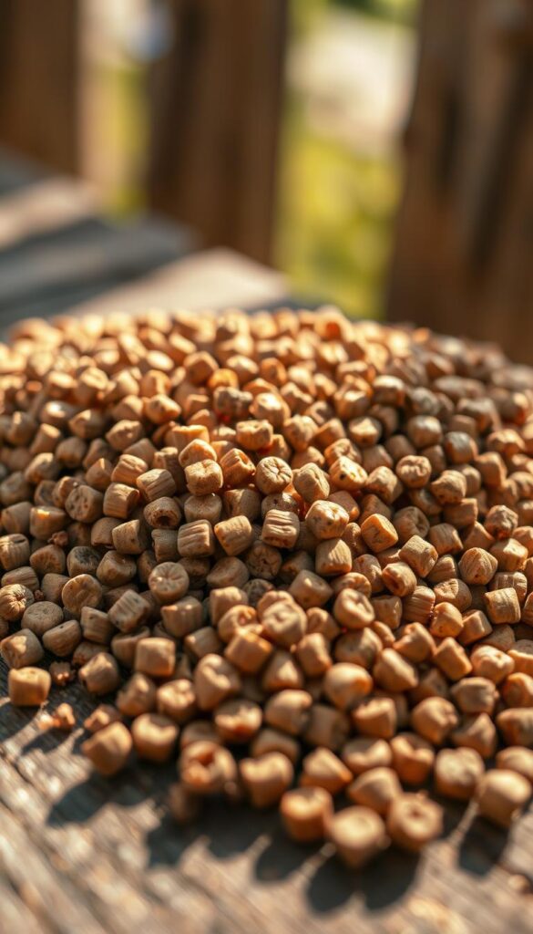 An up-close, detailed image of a collection of organic fertilizer pellets in natural sunlight. The pellets are arranged in an artistic, visually appealing pattern on a rustic wooden surface, with a soft, warm lighting illuminating the various shades of brown, tan, and earthy tones. The background is blurred, placing the focus entirely on the fertilizer itself, which appears nutrient-rich and ready to nourish plants for a summer growth spurt. The image conveys a sense of natural abundance and the importance of properly feeding plants during the hot summer months.