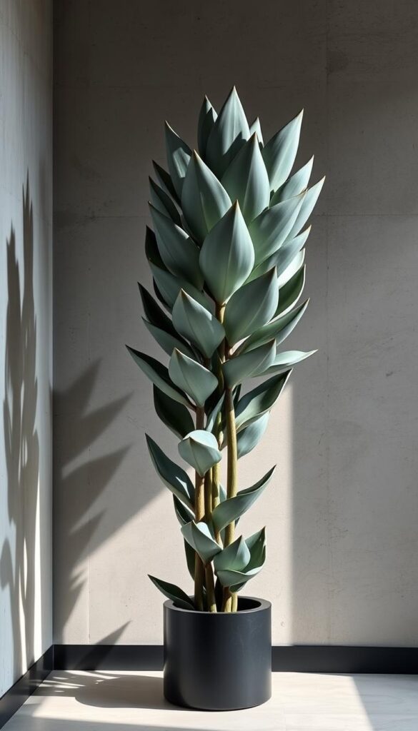 Architectural plant, an enigmatic fusion of nature and design. A towering, sculptural succulent with dynamic, geometric leaves in shades of sage and silver, casting dramatic shadows on the sleek, modern concrete backdrop. Illuminated by soft, ambient lighting that accentuates the plants' architectural form, creating a sense of tranquility and minimalist elegance. The composition is balanced, with the plant's bold silhouette commanding attention, yet seamlessly integrated into the minimalist, industrial-inspired setting. This captivating blend of organic and inorganic elements embodies the essence of a statement plant for a contemporary, urban interior.