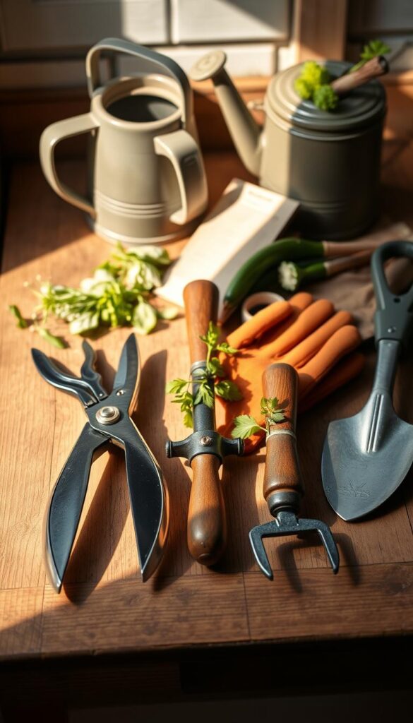 Arrange a neatly organized collection of classic garden tools on a simple wooden surface, bathed in warm, natural lighting. In the foreground, display a pair of pruning shears, a trowel, and a small hand rake, all gleaming with a well-maintained finish. In the middle ground, include a sturdy garden spade and a pair of gardening gloves, conveying a sense of functionality and utility. In the background, subtly incorporate a watering can and a small pair of scissors, hinting at the broader scope of gardening tasks. The overall mood should exude a sense of rustic practicality, inviting the viewer to imagine the tools in use for cultivating a thriving kitchen herb garden. Arrange a neatly organized collection of classic garden tools on a simple wooden surface, bathed in warm, natural lighting. In the foreground, display a pair of pruning shears, a trowel, and a small hand rake, all gleaming with a well-maintained finish. In the middle ground, include a sturdy garden spade and a pair of gardening gloves, conveying a sense of functionality and utility. In the background, subtly incorporate a watering can and a small pair of scissors, hinting at the broader scope of gardening tasks. The overall mood should exude a sense of rustic practicality, inviting the viewer to imagine the tools in use for cultivating a thriving kitchen herb garden.