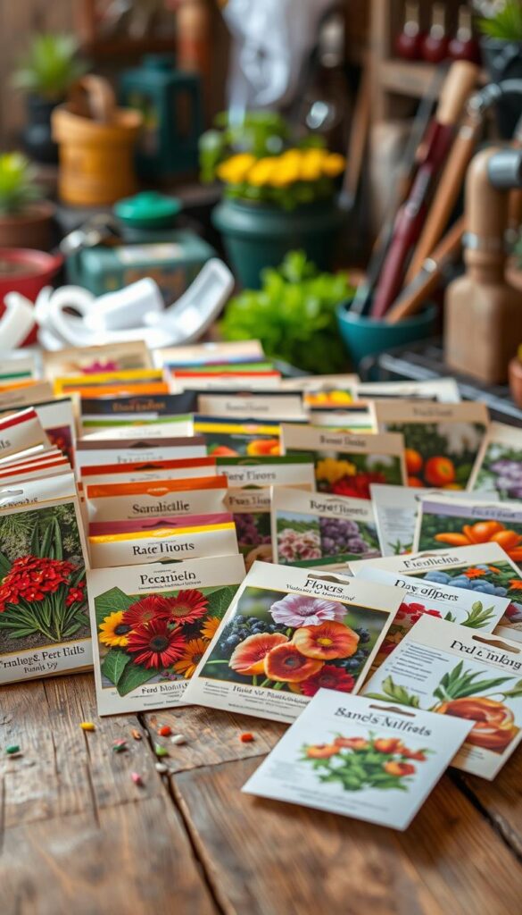 Assorted seed packets arranged neatly on a rustic wooden surface, with a warm, natural lighting. The packets feature vibrant illustrations and detailed descriptions of various flowers, vegetables, and herbs. The foreground showcases the packets in crisp detail, while the middle ground blurs into a soft, out-of-focus backdrop of gardening tools and supplies. The overall atmosphere evokes a sense of anticipation and readiness for the growing season, inviting the viewer to explore the diverse seed options and plan their garden. Assorted seed packets arranged neatly on a rustic wooden surface, with a warm, natural lighting. The packets feature vibrant illustrations and detailed descriptions of various flowers, vegetables, and herbs. The foreground showcases the packets in crisp detail, while the middle ground blurs into a soft, out-of-focus backdrop of gardening tools and supplies. The overall atmosphere evokes a sense of anticipation and readiness for the growing season, inviting the viewer to explore the diverse seed options and plan their garden.