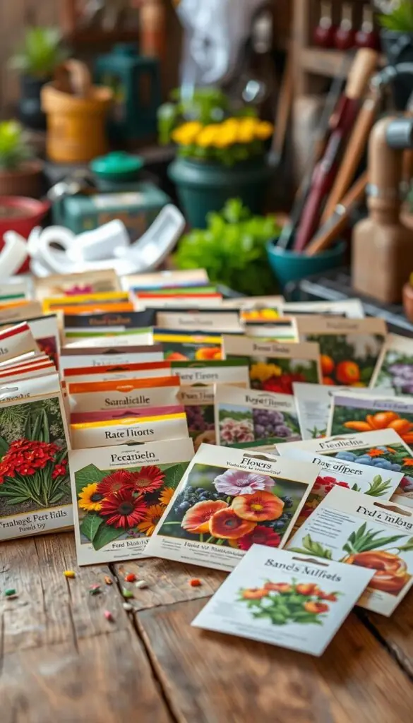 Assorted seed packets arranged neatly on a rustic wooden surface, with a warm, natural lighting. The packets feature vibrant illustrations and detailed descriptions of various flowers, vegetables, and herbs. The foreground showcases the packets in crisp detail, while the middle ground blurs into a soft, out-of-focus backdrop of gardening tools and supplies. The overall atmosphere evokes a sense of anticipation and readiness for the growing season, inviting the viewer to explore the diverse seed options and plan their garden.