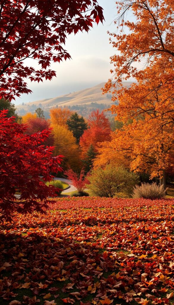 Autumn palette: A sprawling garden vista, dappled with the warm hues of fall. In the foreground, a vibrant display of crimson maples, golden birches, and burnt orange oaks, their leaves rustling in a gentle breeze. The middle ground features a lush carpet of fallen foliage, its rich textures and varied tones creating a mesmerizing tapestry. In the distance, a rolling hillside is shrouded in a soft, misty veil, lending a sense of depth and tranquility to the scene. The lighting is natural and diffused, casting a golden glow that accentuates the depth and richness of the autumnal palette. Capture the essence of the changing seasons in a harmonious, visually captivating composition.