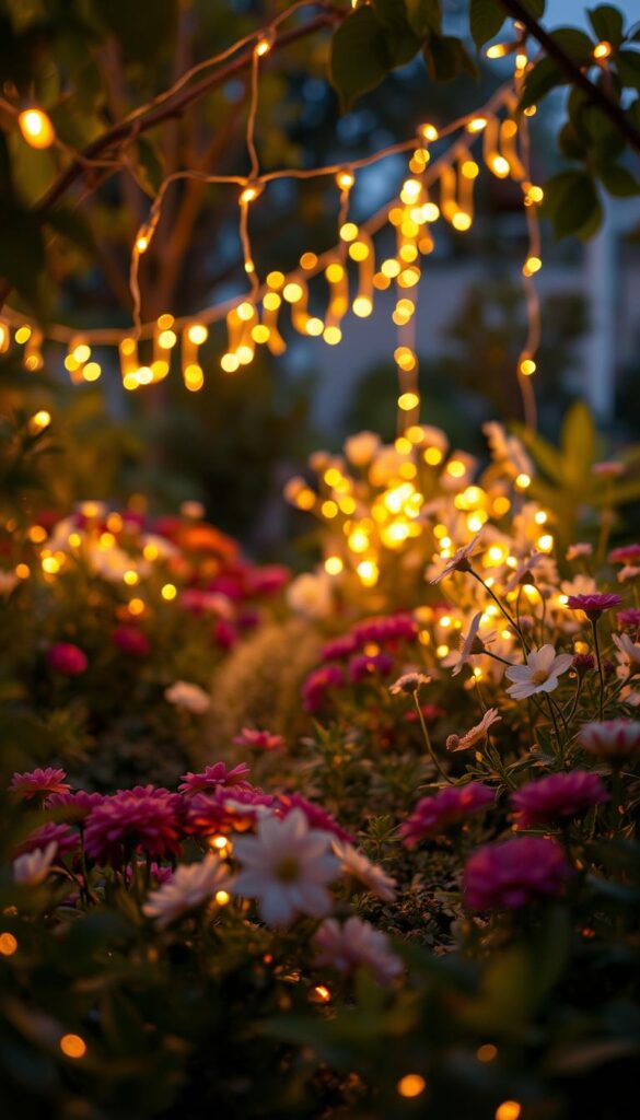 Beds and borders bathed in a soft, ethereal glow. Delicate garden stakes supporting strings of fairy lights that sway gently in the evening breeze. The warm amber hue casts a tranquil, moonlit atmosphere, highlighting the flowers and foliage in a magical, layered display. The camera captures this intimate scene from a low angle, emphasizing the dreamlike quality of the lighting and creating a sense of wonder and enchantment. Lush greenery and blooming plants frame the cozy, inviting vignette, drawing the viewer into this serene oasis. Beds and borders bathed in a soft, ethereal glow. Delicate garden stakes supporting strings of fairy lights that sway gently in the evening breeze. The warm amber hue casts a tranquil, moonlit atmosphere, highlighting the flowers and foliage in a magical, layered display. The camera captures this intimate scene from a low angle, emphasizing the dreamlike quality of the lighting and creating a sense of wonder and enchantment. Lush greenery and blooming plants frame the cozy, inviting vignette, drawing the viewer into this serene oasis.