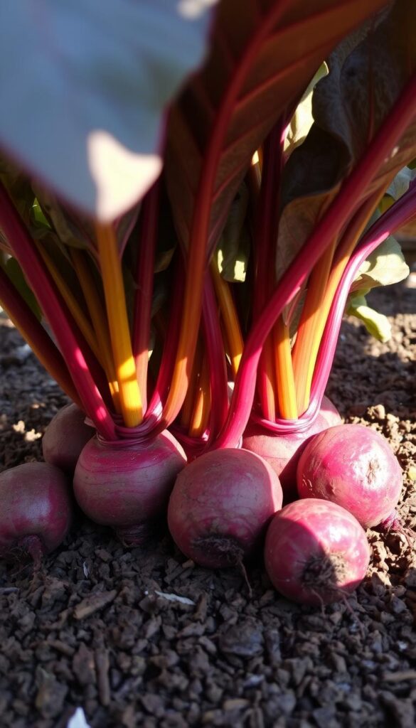 Bountiful beet roots nestled in rich, loamy soil, basking in the warm, dappled light of a partially shaded garden. Thick, deep crimson leaves sway gently, casting intriguing shadows across the scene. The beets' bulbous forms protrude from the ground, their glossy skin glistening with an earthy allure. A sense of tranquility pervades the setting, as if the beets are thriving in their secluded, sheltered environment. The camera's angle offers a close-up, intimate view, allowing the viewer to appreciate the beets' vibrant hues and intriguing textures. This image captures the essence of resilient root vegetables that can flourish even in partially shaded conditions. Bountiful beet roots nestled in rich, loamy soil, basking in the warm, dappled light of a partially shaded garden. Thick, deep crimson leaves sway gently, casting intriguing shadows across the scene. The beets' bulbous forms protrude from the ground, their glossy skin glistening with an earthy allure. A sense of tranquility pervades the setting, as if the beets are thriving in their secluded, sheltered environment. The camera's angle offers a close-up, intimate view, allowing the viewer to appreciate the beets' vibrant hues and intriguing textures. This image captures the essence of resilient root vegetables that can flourish even in partially shaded conditions.