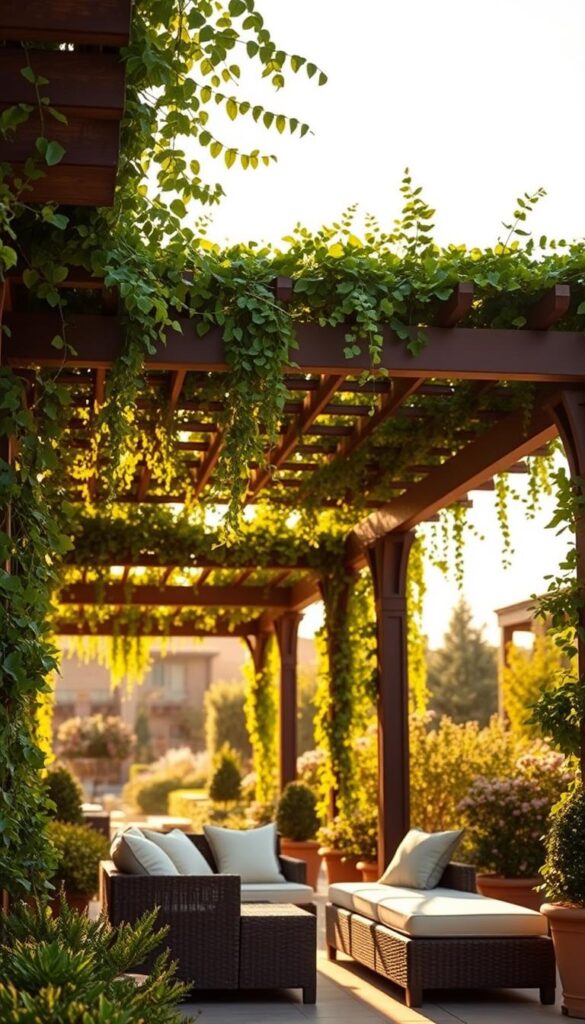 Breathtaking pergola designs, meticulously crafted with intricate latticework and lush, trailing vines. Bathed in the gentle warmth of golden hour sunlight, the structures cast soft, dappled shadows upon the well-manicured garden below. Elegant, wooden beams support a canopy of delicate foliage, creating an enchanting oasis that seamlessly blends the indoor and outdoor living spaces. In the foreground, a cozy seating arrangement invites leisurely relaxation, while the background showcases a harmonious blend of complementary flora, enhancing the overall tranquil ambiance. Captured through a wide-angle lens, the scene exudes a sense of serene sophistication, perfectly embodying the essence of "Pergola Ideas" for an elevated yard.