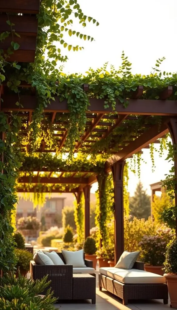Breathtaking pergola designs, meticulously crafted with intricate latticework and lush, trailing vines. Bathed in the gentle warmth of golden hour sunlight, the structures cast soft, dappled shadows upon the well-manicured garden below. Elegant, wooden beams support a canopy of delicate foliage, creating an enchanting oasis that seamlessly blends the indoor and outdoor living spaces. In the foreground, a cozy seating arrangement invites leisurely relaxation, while the background showcases a harmonious blend of complementary flora, enhancing the overall tranquil ambiance. Captured through a wide-angle lens, the scene exudes a sense of serene sophistication, perfectly embodying the essence of "Pergola Ideas" for an elevated yard.