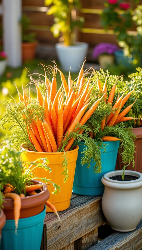 Carrots in colorful containers, carefully arranged in a vibrant, well-lit garden setting. The carrots, their vibrant orange hues contrasting against the various container materials - terracotta, wood, and ceramic. The containers are placed on a raised platform, allowing for easy access and showcasing their aesthetic appeal. Warm, natural lighting filters through the scene, casting soft shadows and highlighting the textural details of the carrots and containers. The overall composition is balanced and harmonious, creating a sense of order and control, reflecting the beauty and reliability of growing carrots in this manner. Carrots in colorful containers, carefully arranged in a vibrant, well-lit garden setting. The carrots, their vibrant orange hues contrasting against the various container materials - terracotta, wood, and ceramic. The containers are placed on a raised platform, allowing for easy access and showcasing their aesthetic appeal. Warm, natural lighting filters through the scene, casting soft shadows and highlighting the textural details of the carrots and containers. The overall composition is balanced and harmonious, creating a sense of order and control, reflecting the beauty and reliability of growing carrots in this manner.