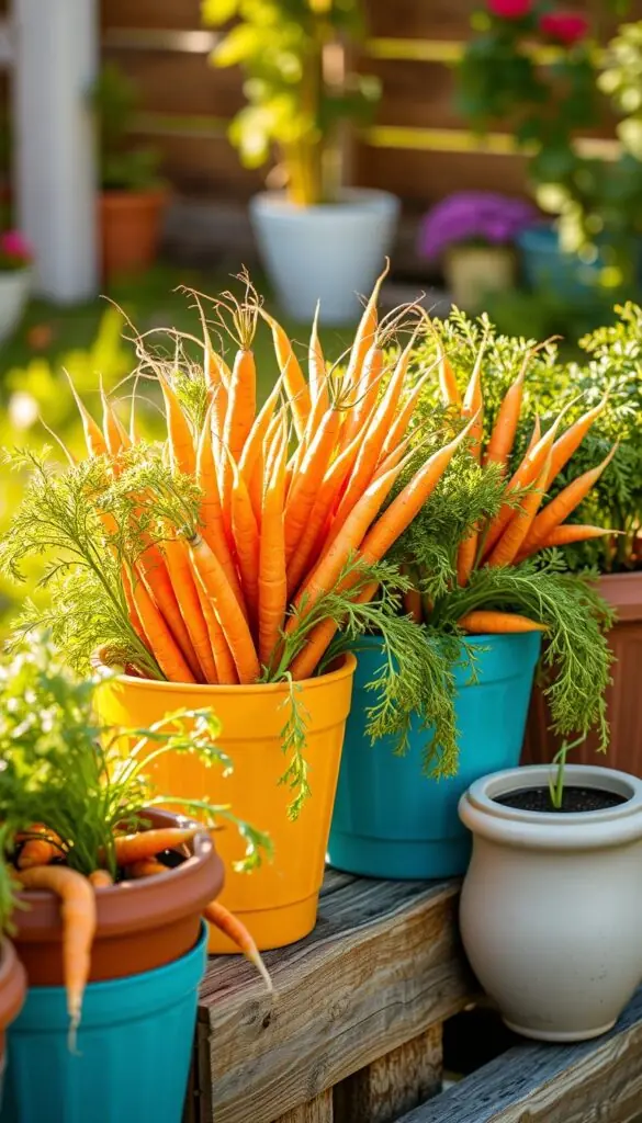 Carrots in colorful containers, carefully arranged in a vibrant, well-lit garden setting. The carrots, their vibrant orange hues contrasting against the various container materials - terracotta, wood, and ceramic. The containers are placed on a raised platform, allowing for easy access and showcasing their aesthetic appeal. Warm, natural lighting filters through the scene, casting soft shadows and highlighting the textural details of the carrots and containers. The overall composition is balanced and harmonious, creating a sense of order and control, reflecting the beauty and reliability of growing carrots in this manner.