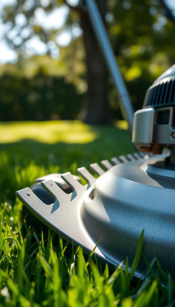 Close-up view of sharp, gleaming lawnmower blades against a blurred, verdant lawn. The blades are freshly sharpened, their serrated edges catching the dappled sunlight filtering through the trees. The mower's metal housing is a muted silver, with a hint of the engine's rumble in the background. The composition emphasizes the importance of proper mowing height and technique during drought conditions, when lawns need to be cared for delicately to conserve precious water resources.