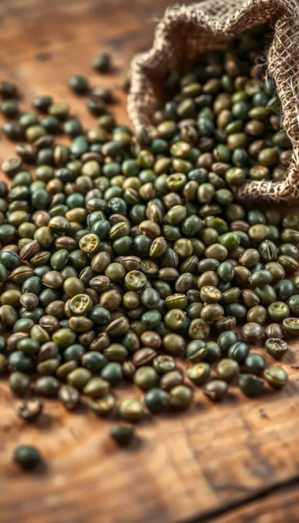 Closeup of a variety of cucumber seeds, including small, dark green pickling cucumbers and larger slicing cucumbers, arranged on a wooden surface. The seeds are scattered in a natural, organic pattern, with some seeds spilling out of a small burlap sack or envelope. Soft, warm lighting illuminates the scene, casting gentle shadows and highlighting the intricate textures and subtle colors of the seeds. The overall mood is one of abundance, anticipation, and the promise of a bountiful harvest to come.