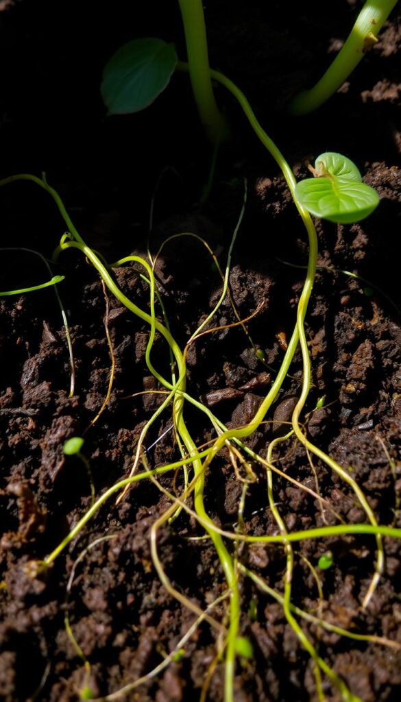 Closeup of lush, verdant soil with intricate network of fine roots emerging, gently snaking through the dark, nutrient-rich earth. Delicate tendrils reaching upwards, seeking moisture and nourishment. Soft, diffused natural light illuminates the scene, casting long shadows and highlighting the textural details of the soil and roots. Peaceful, serene atmosphere conveys the quiet stirrings of life awakening from winter's slumber, preparing to burst forth in vibrant spring growth. Minimal distractions, tight framing focuses attention on the intricate underground ecosystem.