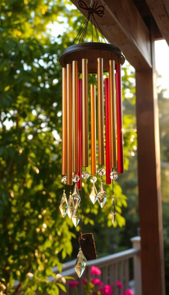 Colorful wind chimes swaying gently in a warm summer breeze, their metal tubes and crystals reflecting the soft light of the setting sun. The chimes are arranged in a harmonious cluster, suspended from a rustic wooden beam against a backdrop of lush green foliage. The scene evokes a sense of tranquility and warmth, inviting the viewer to pause and listen to the soothing, melodic sounds. Captured with a wide-angle lens to emphasize the depth and dimension of the arrangement, the image captures the essence of how wind chimes can add both visual and auditory interest to an outdoor space.