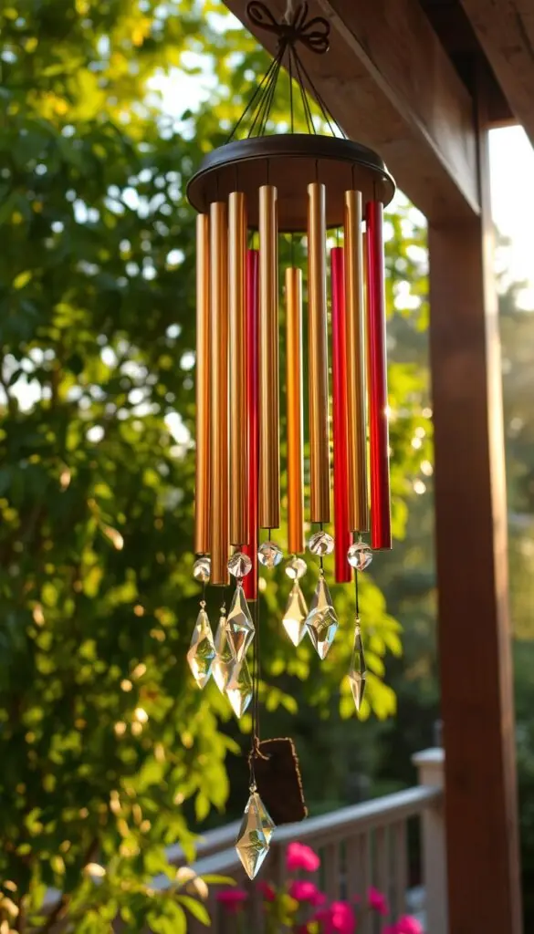 Colorful wind chimes swaying gently in a warm summer breeze, their metal tubes and crystals reflecting the soft light of the setting sun. The chimes are arranged in a harmonious cluster, suspended from a rustic wooden beam against a backdrop of lush green foliage. The scene evokes a sense of tranquility and warmth, inviting the viewer to pause and listen to the soothing, melodic sounds. Captured with a wide-angle lens to emphasize the depth and dimension of the arrangement, the image captures the essence of how wind chimes can add both visual and auditory interest to an outdoor space.
