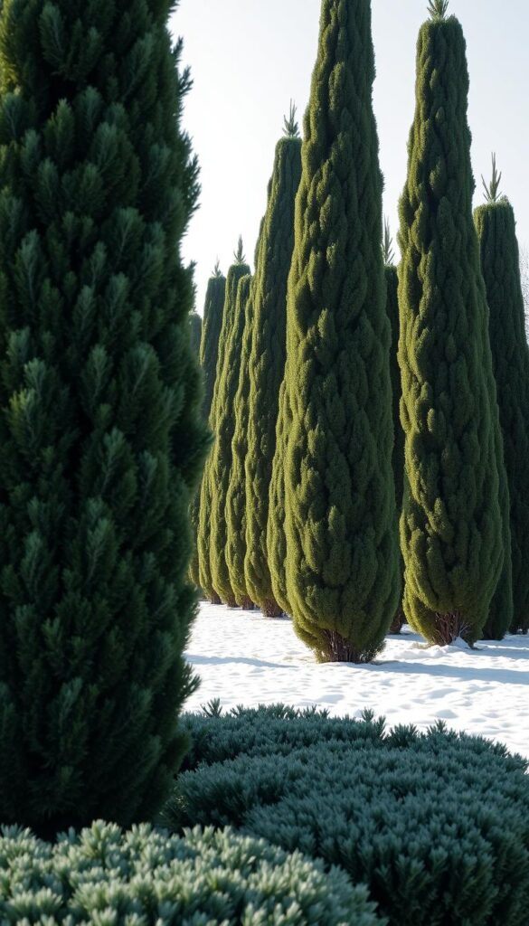Columnar evergreen plants in a serene winter landscape, captured with a wide-angle lens. The foreground features several towering, narrow coniferous trees with dense, lush foliage in shades of deep green and blue-green. The middle ground showcases a row of these stately, columnar evergreens, casting dramatic shadows across the snowy ground. In the background, a soft, hazy sky creates a peaceful, atmospheric ambiance. The lighting is natural and diffused, highlighting the intricate textures and forms of the plants. This image conveys a sense of structure, privacy, and tranquility, perfectly complementing the "Statement shapes: narrow columns and cones for privacy and structure" section of the article. Columnar evergreen plants in a serene winter landscape, captured with a wide-angle lens. The foreground features several towering, narrow coniferous trees with dense, lush foliage in shades of deep green and blue-green. The middle ground showcases a row of these stately, columnar evergreens, casting dramatic shadows across the snowy ground. In the background, a soft, hazy sky creates a peaceful, atmospheric ambiance. The lighting is natural and diffused, highlighting the intricate textures and forms of the plants. This image conveys a sense of structure, privacy, and tranquility, perfectly complementing the "Statement shapes: narrow columns and cones for privacy and structure" section of the article.