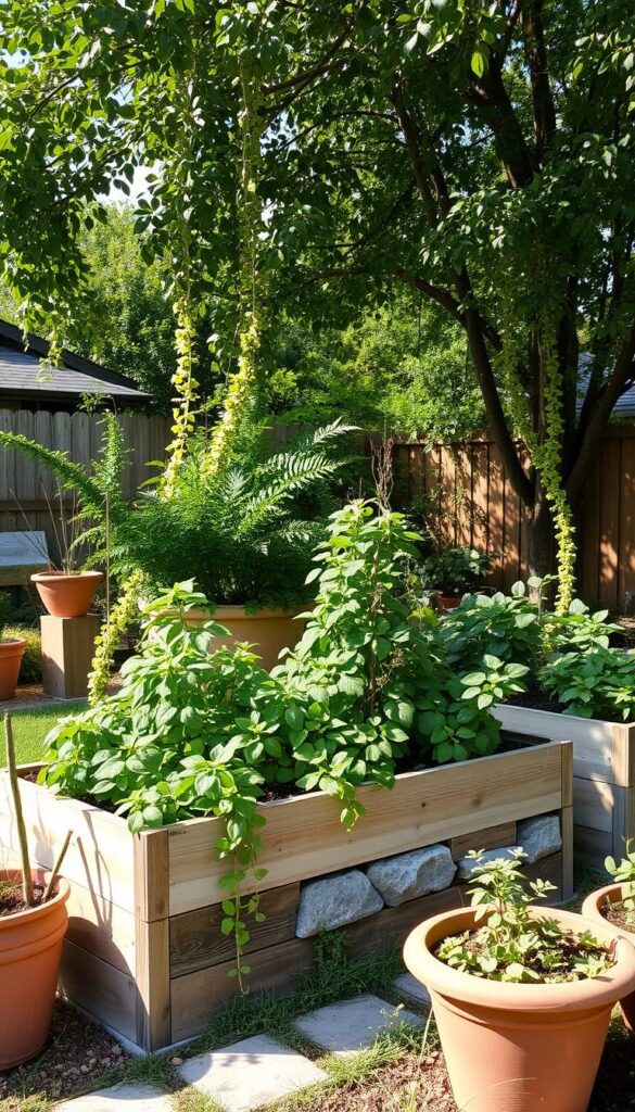 Containers and raised garden beds in a shaded backyard setting. Wooden raised planters filled with lush foliage and trailing vines, complemented by terracotta pots and weathered stone accents. Dappled sunlight filters through a canopy of trees, casting gentle shadows and creating a serene, naturalistic atmosphere. The composition emphasizes the versatility of container gardening, showcasing how a variety of plants can thrive in partially shaded areas. A sense of tranquility and effortless elegance pervades the scene, inviting the viewer to imagine tending to a thriving garden in a cozy, secluded space. Containers and raised garden beds in a shaded backyard setting. Wooden raised planters filled with lush foliage and trailing vines, complemented by terracotta pots and weathered stone accents. Dappled sunlight filters through a canopy of trees, casting gentle shadows and creating a serene, naturalistic atmosphere. The composition emphasizes the versatility of container gardening, showcasing how a variety of plants can thrive in partially shaded areas. A sense of tranquility and effortless elegance pervades the scene, inviting the viewer to imagine tending to a thriving garden in a cozy, secluded space.