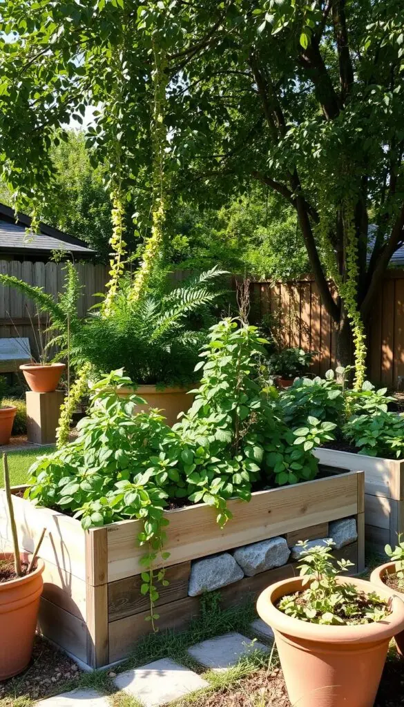 Containers and raised garden beds in a shaded backyard setting. Wooden raised planters filled with lush foliage and trailing vines, complemented by terracotta pots and weathered stone accents. Dappled sunlight filters through a canopy of trees, casting gentle shadows and creating a serene, naturalistic atmosphere. The composition emphasizes the versatility of container gardening, showcasing how a variety of plants can thrive in partially shaded areas. A sense of tranquility and effortless elegance pervades the scene, inviting the viewer to imagine tending to a thriving garden in a cozy, secluded space. Containers and raised garden beds in a shaded backyard setting. Wooden raised planters filled with lush foliage and trailing vines, complemented by terracotta pots and weathered stone accents. Dappled sunlight filters through a canopy of trees, casting gentle shadows and creating a serene, naturalistic atmosphere. The composition emphasizes the versatility of container gardening, showcasing how a variety of plants can thrive in partially shaded areas. A sense of tranquility and effortless elegance pervades the scene, inviting the viewer to imagine tending to a thriving garden in a cozy, secluded space.