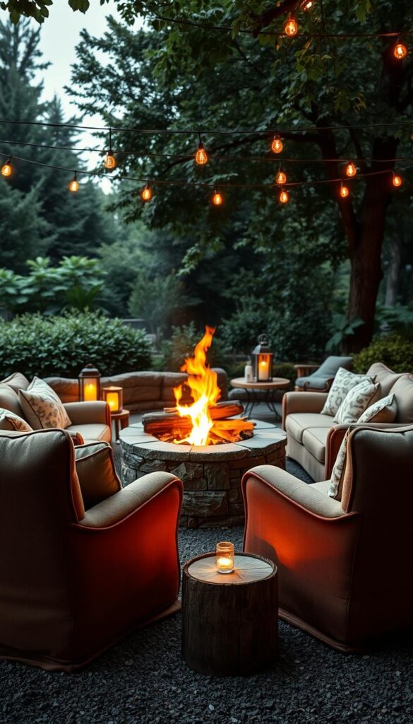 Cozy firepit setting with inviting seating arrangement. Plush, oversized armchairs and a loveseat positioned in a semicircle around a warm, crackling fire. Wooden logs and glowing embers in the firepit's center. Soft lighting from lanterns and string lights casts a gentle glow, creating a welcoming ambiance. Lush, verdant foliage in the background, hinting at a tranquil outdoor space. Earthy, natural textures and muted color palette evoke a sense of comfort and relaxation, encouraging guests to linger. Wide-angle lens captures the cohesive, intimate scene, accentuating the inviting atmosphere perfect for lingering conversation on a cool evening. Cozy firepit setting with inviting seating arrangement. Plush, oversized armchairs and a loveseat positioned in a semicircle around a warm, crackling fire. Wooden logs and glowing embers in the firepit's center. Soft lighting from lanterns and string lights casts a gentle glow, creating a welcoming ambiance. Lush, verdant foliage in the background, hinting at a tranquil outdoor space. Earthy, natural textures and muted color palette evoke a sense of comfort and relaxation, encouraging guests to linger. Wide-angle lens captures the cohesive, intimate scene, accentuating the inviting atmosphere perfect for lingering conversation on a cool evening.