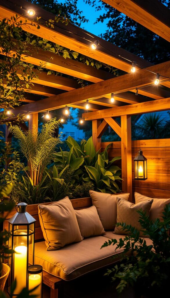 Cozy outdoor seating area with layered lighting for a serene and inviting atmosphere. Plush, weatherproof cushions on a rustic wooden bench situated beneath a pergola adorned with ambient string lights. Soft spotlights illuminate the surrounding plants and greenery, creating a warm, intimate setting. Strategically placed lanterns and floor lamps provide a gentle glow, guiding the eye and setting the mood. The scene evokes a sense of tranquility and comfort, perfect for relaxing on a balmy evening. Cozy outdoor seating area with layered lighting for a serene and inviting atmosphere. Plush, weatherproof cushions on a rustic wooden bench situated beneath a pergola adorned with ambient string lights. Soft spotlights illuminate the surrounding plants and greenery, creating a warm, intimate setting. Strategically placed lanterns and floor lamps provide a gentle glow, guiding the eye and setting the mood. The scene evokes a sense of tranquility and comfort, perfect for relaxing on a balmy evening.