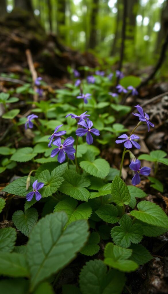Creeping Charlie flowers in a shaded, damp garden scene. Close-up view of lush, trailing vines with vibrant purple, five-petal blooms emerging from bright green leaves. Soft, diffused natural lighting from an overcast sky filters through the foliage, creating a serene, muted atmosphere. The flowers are the focal point, surrounded by a blurred background of other woodland plants and textures, suggesting a secluded, forest-like setting. Rendered with a painterly, impressionistic style that emphasizes the delicate beauty and intricate details of the Creeping Charlie.