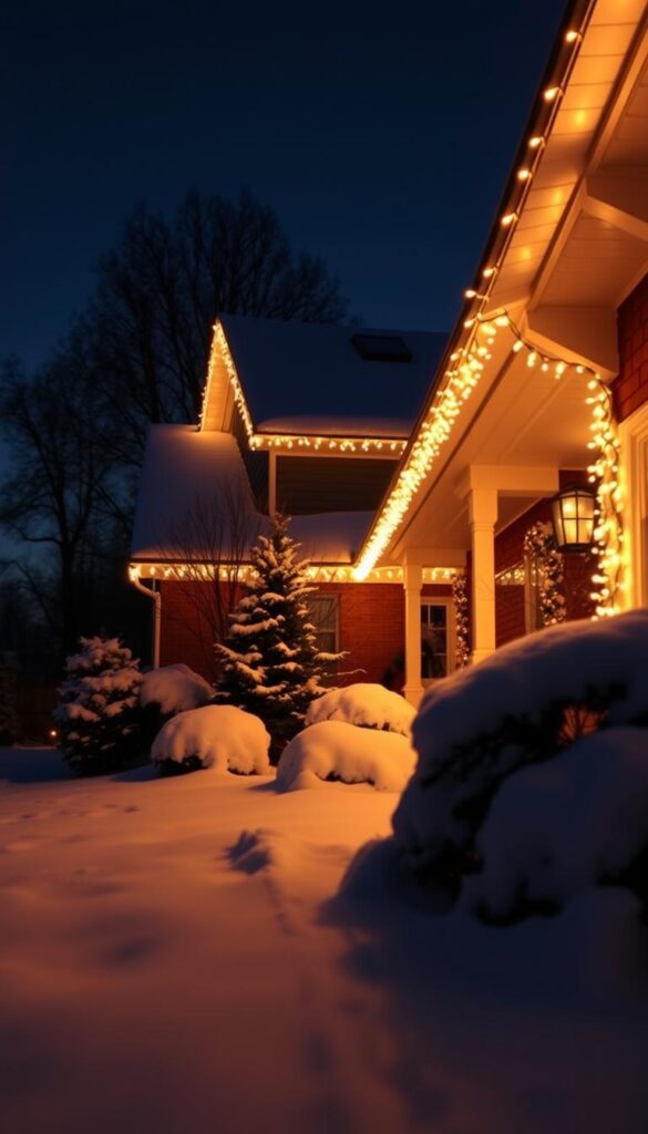 Crisp lines of classic roofline with warm C9 LED lights casting a festive glow. A cozy winter evening, with the house framed by a snowy landscape and a clear night sky. The lights create a rhythmic pattern, defining the architectural features and accentuating the home's silhouette. Soft shadows dance across the freshly fallen snow, adding depth and dimension. The lighting is subtle yet impactful, creating a welcoming and inviting atmosphere perfect for holiday celebrations.