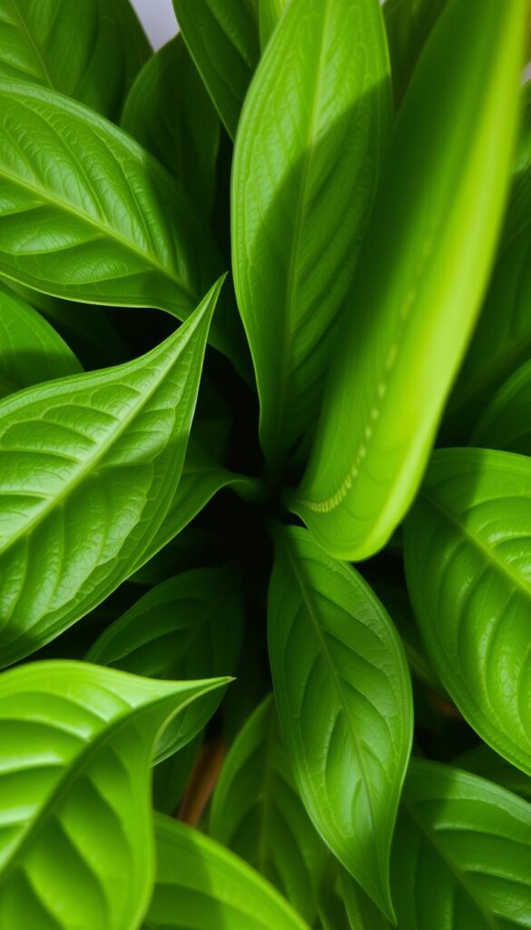 Crisp, vibrant leaves in natural lighting, arranged in a close-up, macro shot. Detailed textures, veins, and lush green hues fill the frame, conveying a sense of health and vitality. The leaves appear fresh and unblemished, with a tactile, almost touchable quality. Soft, diffused lighting casts subtle shadows, emphasizing the dimensional forms. A clean, uncluttered background allows the foliage to take center stage, inviting the viewer to examine the visual cues of a thriving indoor plant.