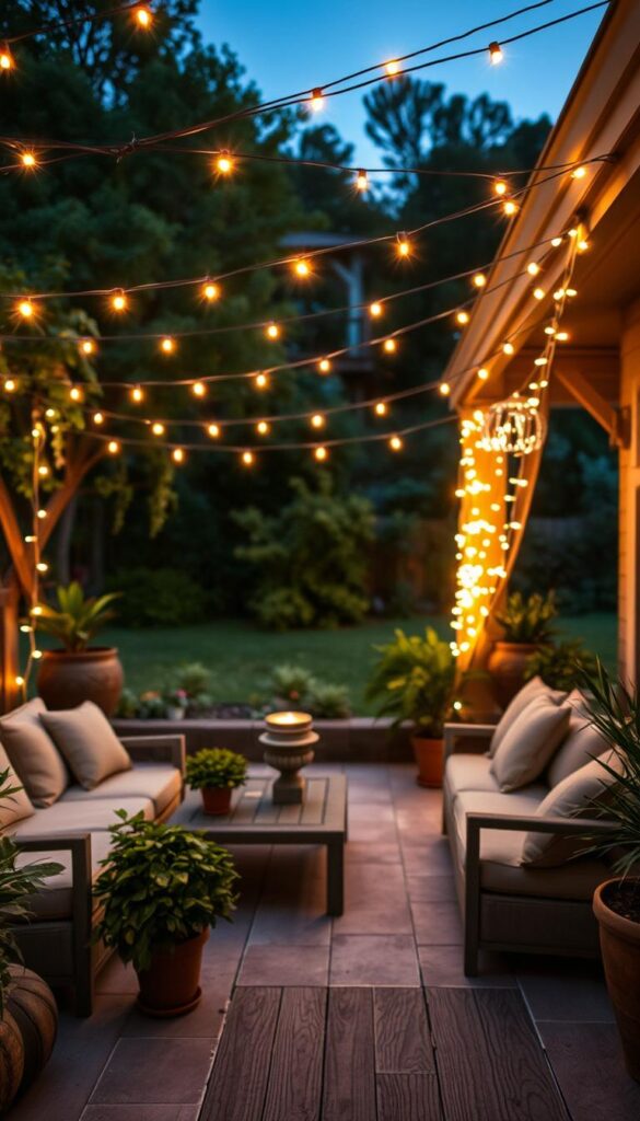 Delicate patio string lights gently illuminating a cozy outdoor seating area. The lights are strung overhead in an elegant, crisscrossing pattern, casting a warm, inviting glow across the space. In the foreground, plush outdoor furniture, cushions, and potted plants create a comfortable, intimate ambiance. The middle ground features a well-maintained patio floor, with subtle textures and weathered details. In the background, a lush, verdant garden or natural landscape provides a serene, picturesque backdrop. The entire scene is captured with a soft, cinematic lens, emphasizing the magical, enchanting atmosphere of the patio at twilight. Delicate patio string lights gently illuminating a cozy outdoor seating area. The lights are strung overhead in an elegant, crisscrossing pattern, casting a warm, inviting glow across the space. In the foreground, plush outdoor furniture, cushions, and potted plants create a comfortable, intimate ambiance. The middle ground features a well-maintained patio floor, with subtle textures and weathered details. In the background, a lush, verdant garden or natural landscape provides a serene, picturesque backdrop. The entire scene is captured with a soft, cinematic lens, emphasizing the magical, enchanting atmosphere of the patio at twilight.