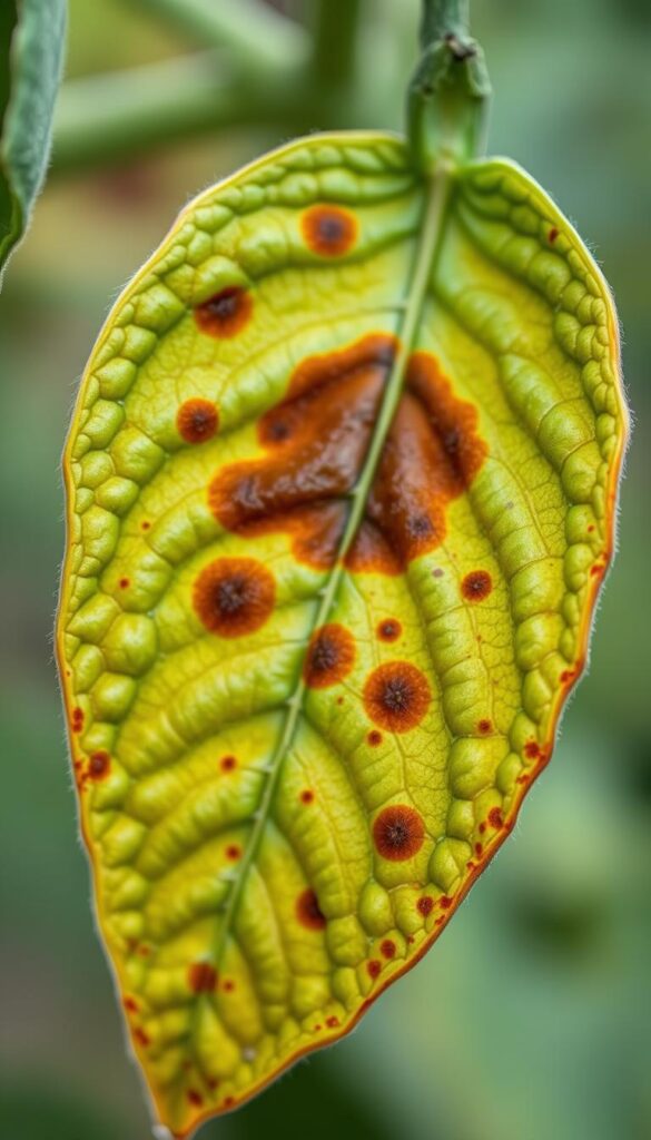 Detailed close-up of a tomato leaf, showcasing the characteristic brown lesions and spots associated with leaf spot disease. The leaf is positioned in the foreground, with a soft, diffused lighting highlighting the intricate textures and patterns. The background is blurred, creating a sense of depth and focus on the affected leaf. The image is captured with a macro lens, emphasizing the fine details and the severity of the disease. The overall mood is one of scientific inquiry and educational intent, conveying the importance of understanding the symptoms of tomato leaf spot for effective disease management. Detailed close-up of a tomato leaf, showcasing the characteristic brown lesions and spots associated with leaf spot disease. The leaf is positioned in the foreground, with a soft, diffused lighting highlighting the intricate textures and patterns. The background is blurred, creating a sense of depth and focus on the affected leaf. The image is captured with a macro lens, emphasizing the fine details and the severity of the disease. The overall mood is one of scientific inquiry and educational intent, conveying the importance of understanding the symptoms of tomato leaf spot for effective disease management.