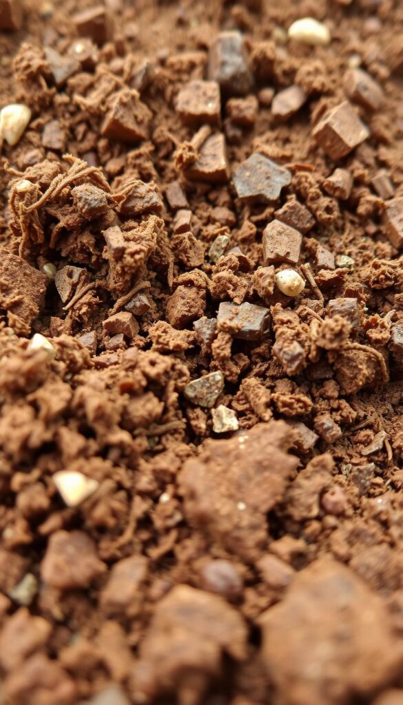 Detailed close-up of nutrient-rich soil, with visible organic matter, minerals, and microbial activity. The composition is evenly distributed, with a warm, earthy color palette. Soft, diffused natural lighting illuminates the soil's texture and structure, showcasing its complexity. The image has a macro perspective, inviting the viewer to explore the intricate world beneath the surface. The soil appears fertile and vibrant, hinting at its potential to nourish thriving plant life.