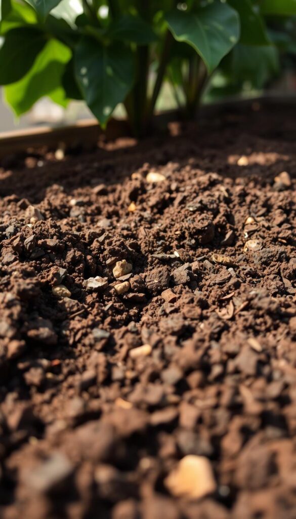 Detailed close-up of rich, loamy compost soil in a wooden garden box. Warm, earthy tones with flecks of decaying organic matter visible. Soft, diffused sunlight filtering through leaves overhead, casting a natural, tranquil ambiance. Fine-grained texture of the soil apparent, with small pockets of air and moisture evident. Composition arranged to showcase the nutrient-dense, crumbly composition, ready to nourish new spring growth. Captured with a macro lens at a slight angle to emphasize the depth and depth of the prepared bed.