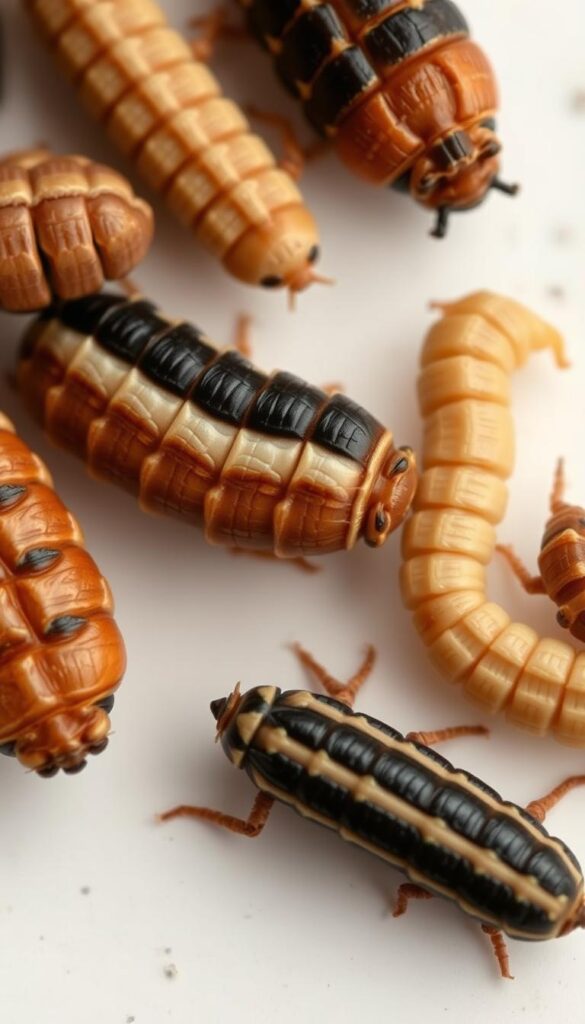 Detailed close-up of several common lawn grub species, illuminated by natural soft lighting and photographed with a professional-grade macro lens. Prominent features like segmented bodies, distinct markings, and curled poses are clearly visible. The grubs are displayed against a clean, neutral background, allowing the viewer to focus on the intricate details and textures that distinguish each variety. The overall composition conveys a sense of scientific study and expert identification, supporting the "pest-by-pest guidance" theme.