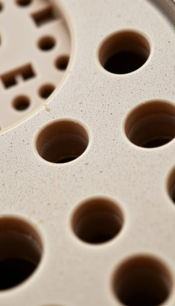 Detailed, close-up view of flower pot drainage holes, showcasing their intricate, perforated structure. Crisp, high-resolution imagery captured with a macro lens, highlighting the smooth, curved edges and varying sizes of the openings. Bright, even lighting illuminates the textured surface, creating a clean, clinical aesthetic. The angle emphasizes the importance of proper drainage, with a sense of depth and dimension to the holes. Conveys a practical, informative tone to illustrate the mechanics of effective pot drainage for healthy plant growth. Detailed, close-up view of flower pot drainage holes, showcasing their intricate, perforated structure. Crisp, high-resolution imagery captured with a macro lens, highlighting the smooth, curved edges and varying sizes of the openings. Bright, even lighting illuminates the textured surface, creating a clean, clinical aesthetic. The angle emphasizes the importance of proper drainage, with a sense of depth and dimension to the holes. Conveys a practical, informative tone to illustrate the mechanics of effective pot drainage for healthy plant growth.