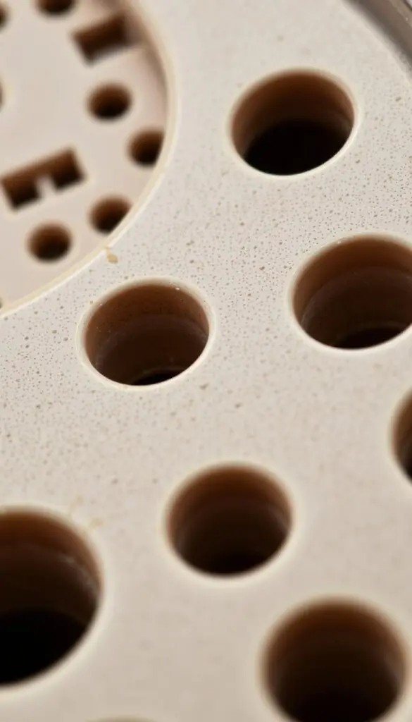 Detailed, close-up view of flower pot drainage holes, showcasing their intricate, perforated structure. Crisp, high-resolution imagery captured with a macro lens, highlighting the smooth, curved edges and varying sizes of the openings. Bright, even lighting illuminates the textured surface, creating a clean, clinical aesthetic. The angle emphasizes the importance of proper drainage, with a sense of depth and dimension to the holes. Conveys a practical, informative tone to illustrate the mechanics of effective pot drainage for healthy plant growth.