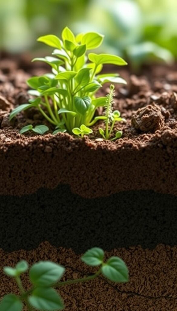 Detailed cross-section of soil layers, showcasing the pH gradient from acidic to alkaline. Lush greenery and flora emerge from the rich, textured earth, illustrating the connection between soil pH and thriving plant life. Soft, diffused lighting filters through the scene, lending a serene, educational atmosphere. The composition emphasizes the simple scientific principles at work, with a focus on the pH scale and its importance for healthy, balanced soils. Crisp, high-resolution details reveal the intricate structure and composition of the soil profile, inviting the viewer to explore the subtle complexities of this fundamental natural resource.