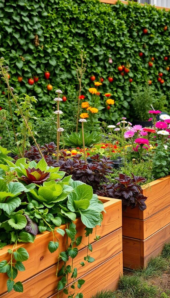 Detailed garden boxes filled with lush, seasonal edible plants and flowers. The foreground showcases a variety of vibrant lettuces, herbs, and trailing vines cascading over the wooden box edges. The middle ground features a mix of colorful vegetable and fruit plants - tomatoes, peppers, strawberries - interspersed with flowering annuals. In the background, a verdant living wall frames the scene, creating a serene, natural ambiance. Soft, warm lighting accentuates the rich, earthy tones and textures. The composition evokes a sense of abundant, nourishing growth in a carefully curated, visually striking backyard oasis. Detailed garden boxes filled with lush, seasonal edible plants and flowers. The foreground showcases a variety of vibrant lettuces, herbs, and trailing vines cascading over the wooden box edges. The middle ground features a mix of colorful vegetable and fruit plants - tomatoes, peppers, strawberries - interspersed with flowering annuals. In the background, a verdant living wall frames the scene, creating a serene, natural ambiance. Soft, warm lighting accentuates the rich, earthy tones and textures. The composition evokes a sense of abundant, nourishing growth in a carefully curated, visually striking backyard oasis.