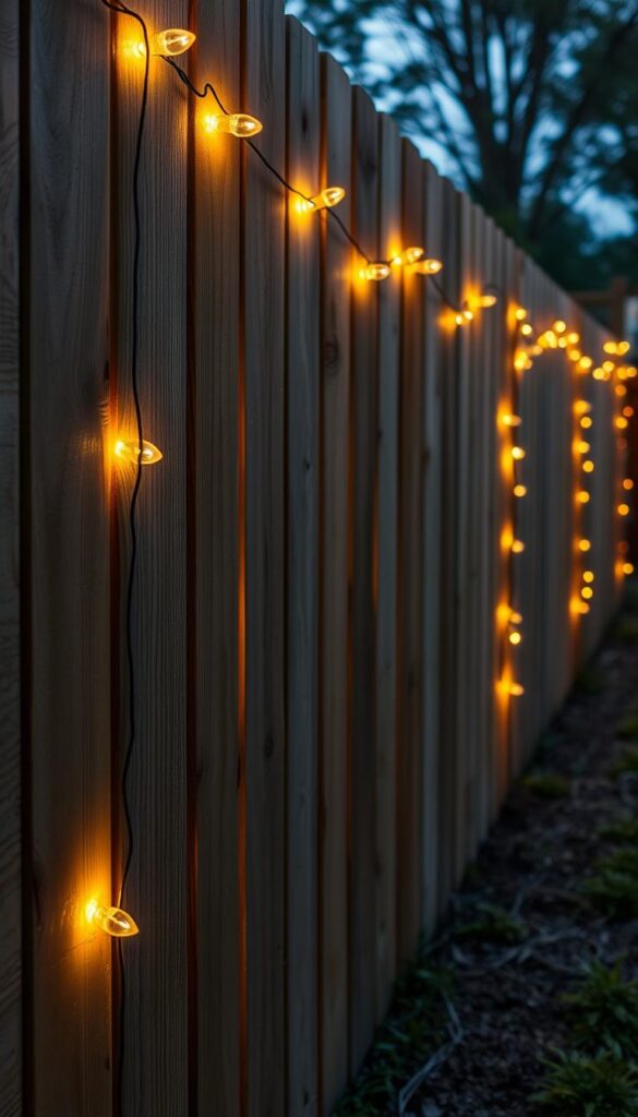 Detailed image of a wooden fence with warm string lights illuminating the edges, creating a cozy, magical ambiance in the backyard. Soft, diffused lighting casts a gentle glow along the fence panels, accentuating the natural wood grain and texture. The lighting follows the linear lines of the fencing, outlining the boundaries of the garden space. Delicate shadows are cast on the ground, adding depth and dimension to the scene. A sense of tranquility and inviting atmosphere pervades the image, showcasing how string lights can transform a simple fence into a captivating design element. Detailed image of a wooden fence with warm string lights illuminating the edges, creating a cozy, magical ambiance in the backyard. Soft, diffused lighting casts a gentle glow along the fence panels, accentuating the natural wood grain and texture. The lighting follows the linear lines of the fencing, outlining the boundaries of the garden space. Delicate shadows are cast on the ground, adding depth and dimension to the scene. A sense of tranquility and inviting atmosphere pervades the image, showcasing how string lights can transform a simple fence into a captivating design element.