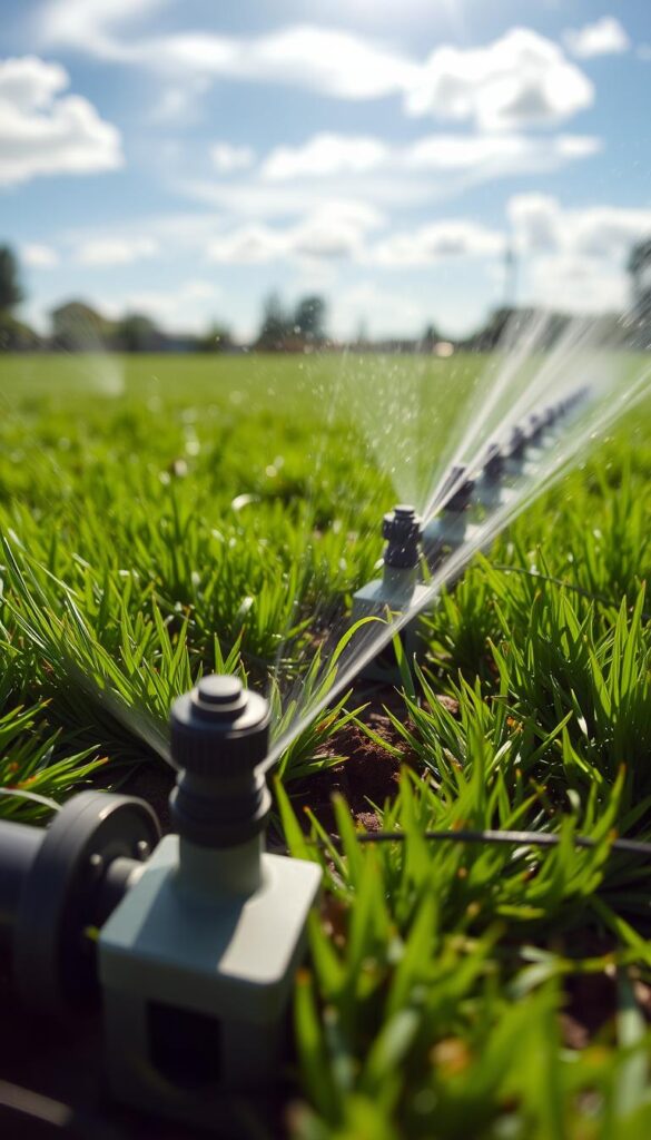 Detailed in-ground sprinkler system, installed in a well-manicured lawn. Sprinkler heads emerge from the ground, arranged in an even pattern to ensure uniform water coverage. Sunlight filters through wispy clouds, casting soft shadows on the grass. The system's pipes are partially visible, neatly buried beneath the surface. Lush, healthy greenery surrounds the sprinkler heads, indicating the effectiveness of the irrigation setup. The scene conveys a sense of efficiency and attention to lawn care, suitable for a high-quality residential or commercial property. Detailed in-ground sprinkler system, installed in a well-manicured lawn. Sprinkler heads emerge from the ground, arranged in an even pattern to ensure uniform water coverage. Sunlight filters through wispy clouds, casting soft shadows on the grass. The system's pipes are partially visible, neatly buried beneath the surface. Lush, healthy greenery surrounds the sprinkler heads, indicating the effectiveness of the irrigation setup. The scene conveys a sense of efficiency and attention to lawn care, suitable for a high-quality residential or commercial property.