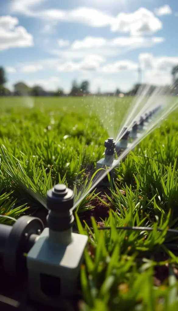 Detailed in-ground sprinkler system, installed in a well-manicured lawn. Sprinkler heads emerge from the ground, arranged in an even pattern to ensure uniform water coverage. Sunlight filters through wispy clouds, casting soft shadows on the grass. The system's pipes are partially visible, neatly buried beneath the surface. Lush, healthy greenery surrounds the sprinkler heads, indicating the effectiveness of the irrigation setup. The scene conveys a sense of efficiency and attention to lawn care, suitable for a high-quality residential or commercial property.