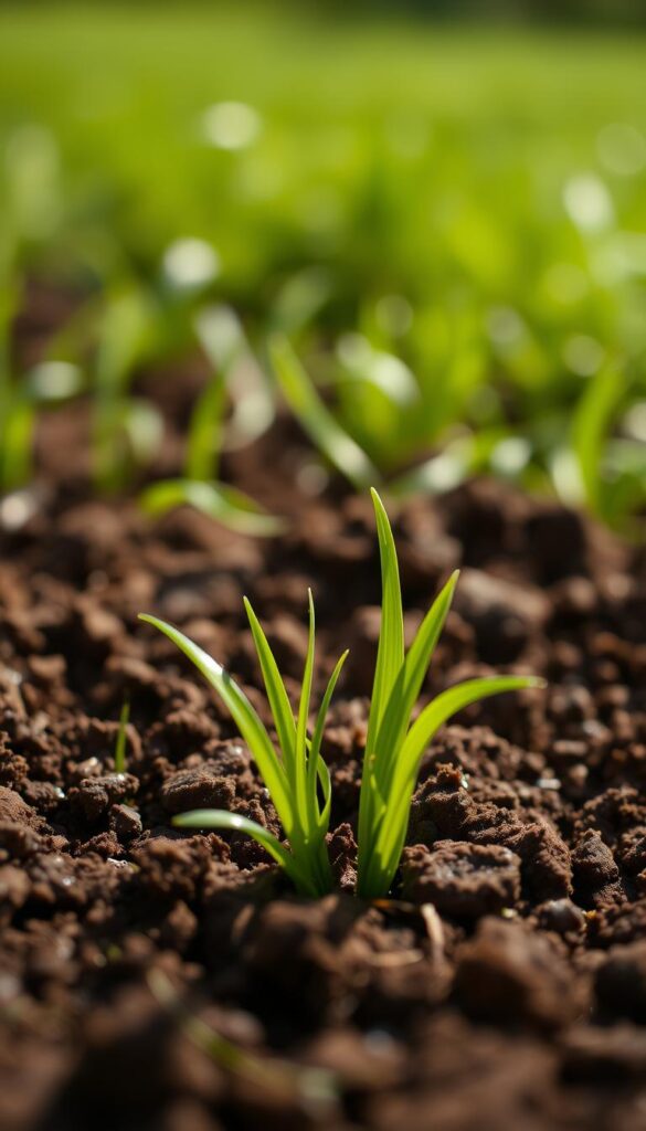 Detailed macro shot of freshly planted grass seed gently pressed into the soil, with a shallow depth of field. Moist, rich brown earth in the foreground, delicate grass seedlings emerging, backlit by soft natural light. Blurred background of lush green lawn in the distance. Crisp, high-resolution image captured with a premium DSLR camera and high-quality macro lens, showcasing the intimate connection between the tiny seeds and the fertile soil.