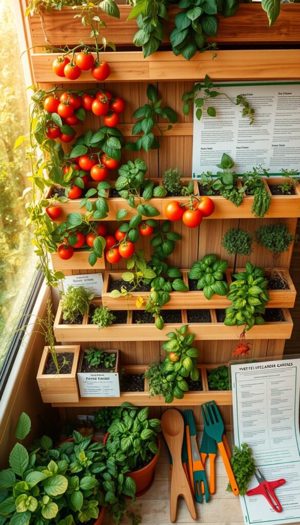 Detailed plan for a lush vertical vegetable garden, with tiered wooden planters arranged in a neat, organized layout. Vibrant tomato plants, leafy greens, and fragrant herbs cascading down the tiers, bathed in warm golden light from a high angle. Carefully labeled planting sections, a step-by-step guide, and essential gardening tools neatly displayed in the foreground. The scene conveys a sense of serene productivity, inspiring the viewer to design their own thriving vertical oasis. Detailed plan for a lush vertical vegetable garden, with tiered wooden planters arranged in a neat, organized layout. Vibrant tomato plants, leafy greens, and fragrant herbs cascading down the tiers, bathed in warm golden light from a high angle. Carefully labeled planting sections, a step-by-step guide, and essential gardening tools neatly displayed in the foreground. The scene conveys a sense of serene productivity, inspiring the viewer to design their own thriving vertical oasis.