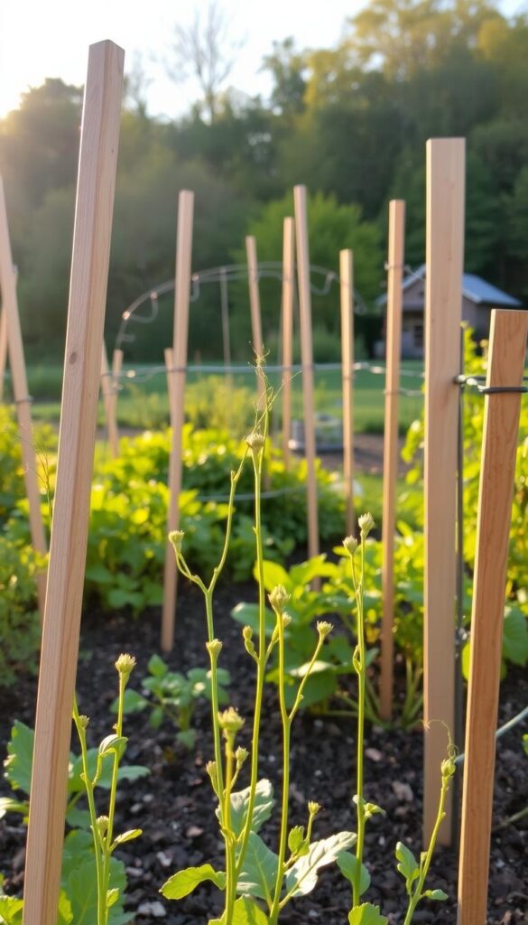 Early spring garden supports, featuring sturdy wooden stakes and metal trellises, standing tall against a backdrop of lush greenery and warm, golden sunlight. The foreground showcases a variety of vegetable plants, their delicate stems reaching upwards, ready to be guided and supported as they grow. The middle ground presents a well-organized arrangement of supports, strategically placed to provide ample room for the plants to thrive. In the distance, a subtle hint of a cozy cottage or shed adds to the charming, pastoral atmosphere. The overall scene conveys a sense of anticipation and preparedness, as the gardener thoughtfully sets the stage for a bountiful spring harvest.